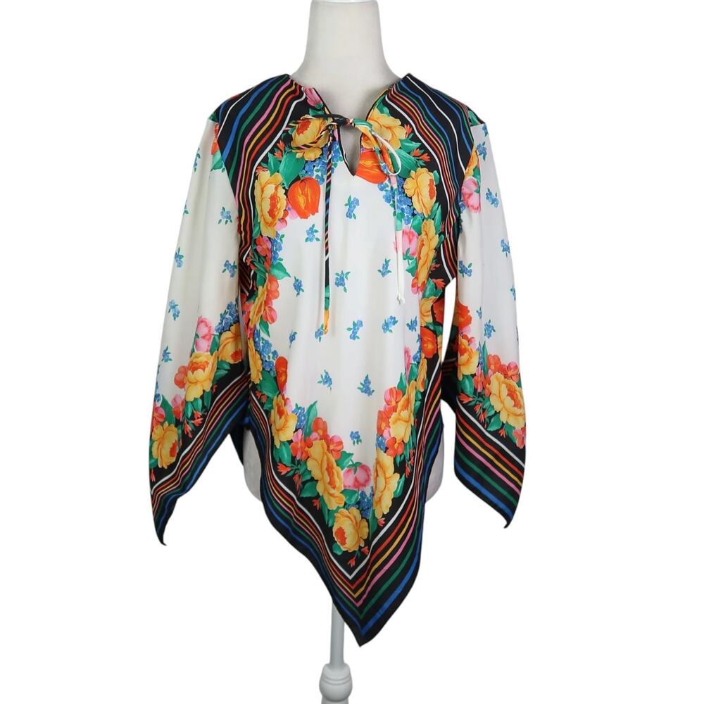 Vintage 70s White Floral Print Scarf Top Blouse Handkerchief Hem L